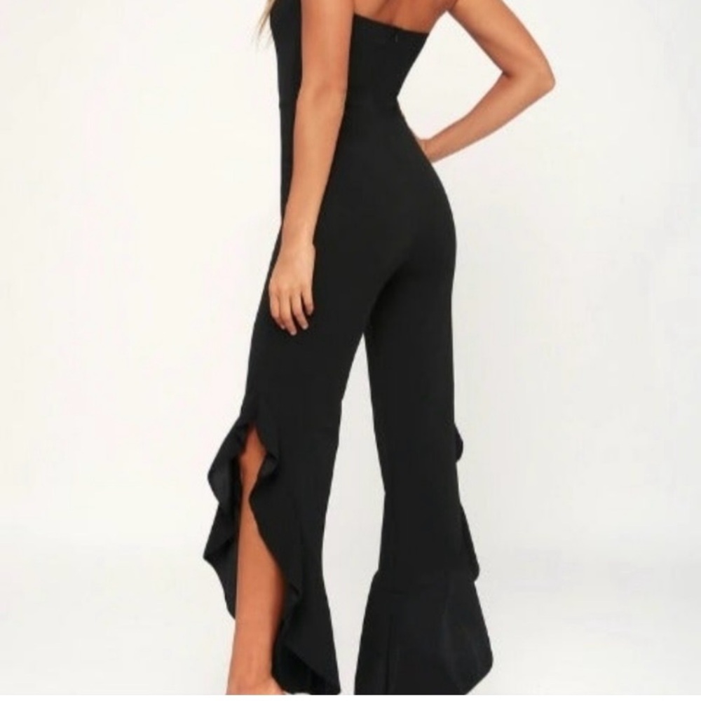 SOLD- Lulus After Midnight Black Ruffle Leg Strapless Jumpsuit - Picture 2 of 12